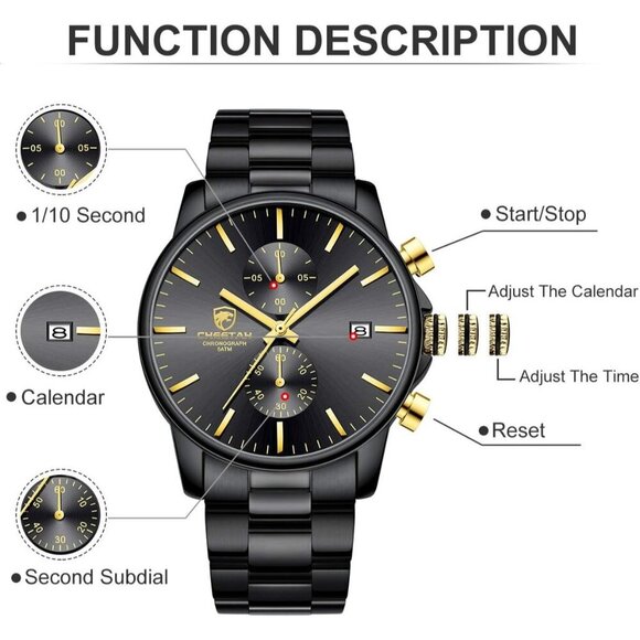 GOLDEN HOUR Men's Black Stainless Steel Chronograph Watch Waterproof Auto Date - Picture 3 of 8